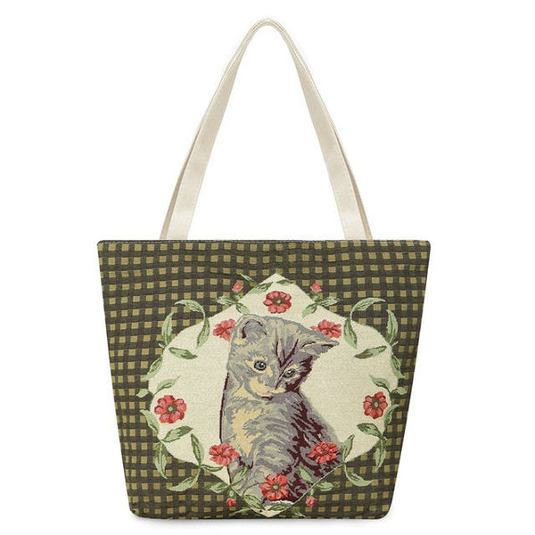 Vintage Embroidery Cats Tote Bag