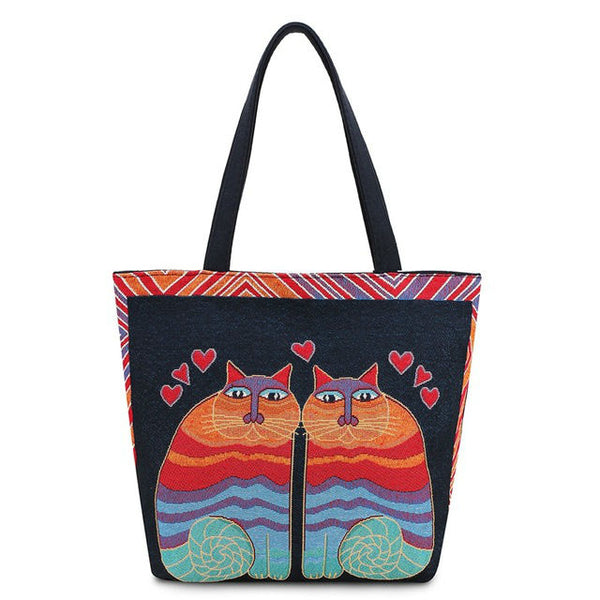 Vintage Embroidery Cats Tote Bag