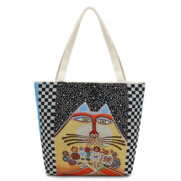 Vintage Embroidery Cats Tote Bag