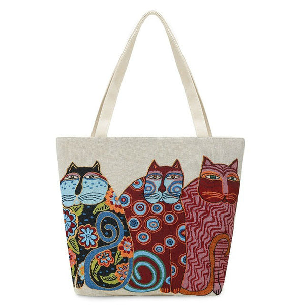 Vintage Embroidery Cats Tote Bag